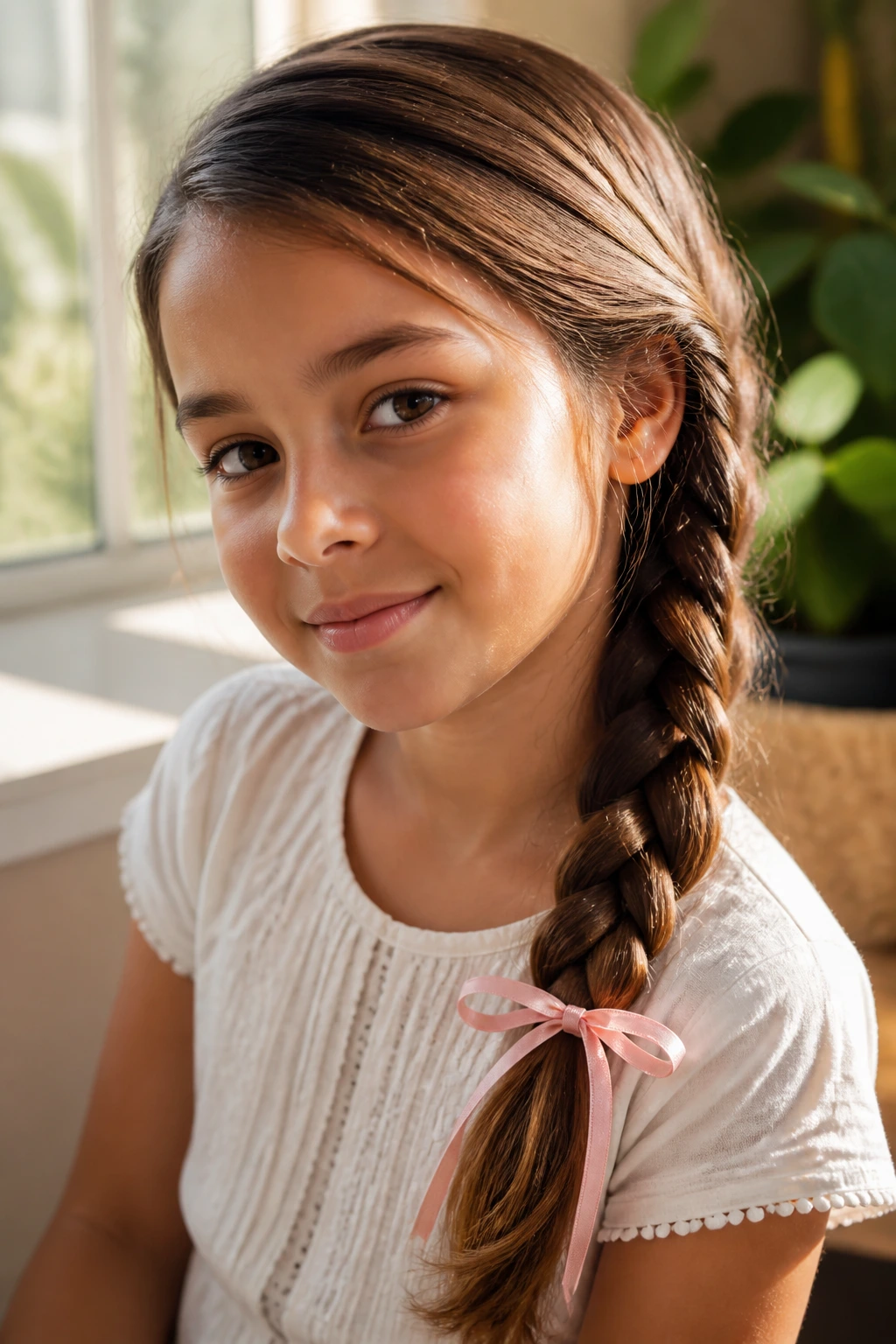 Child with side braid and ribbon hairstyle over shoulder