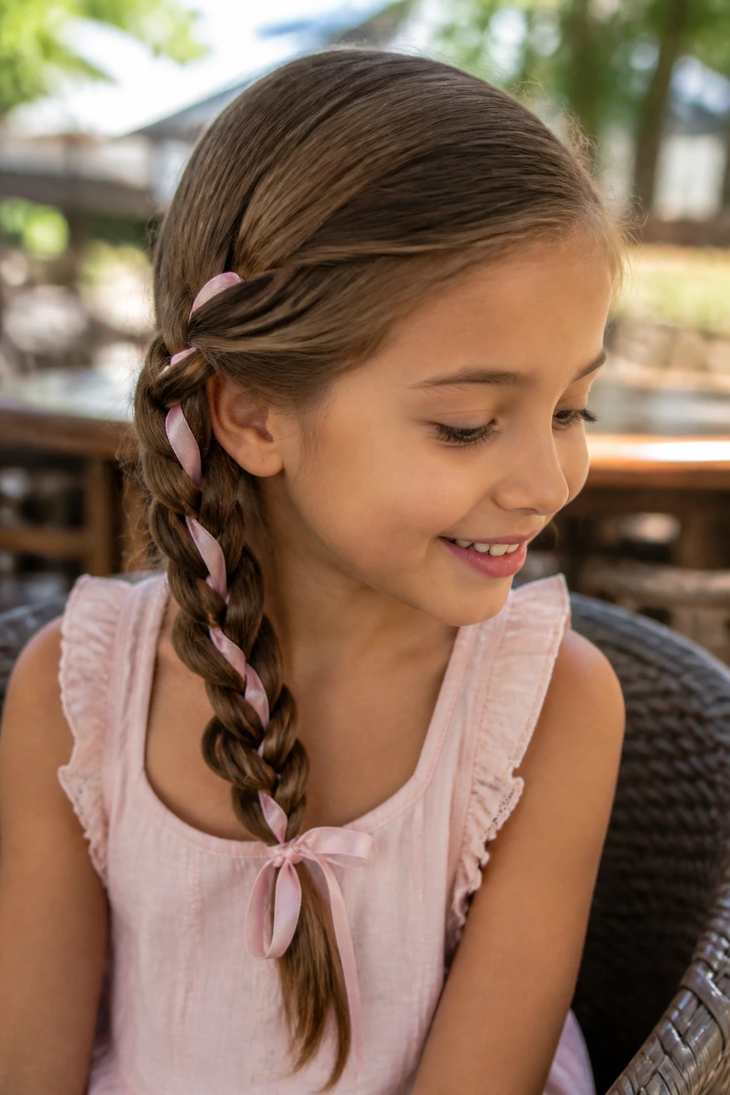 Close-up of a girl with a side braid threaded with ribbon over one shoulder