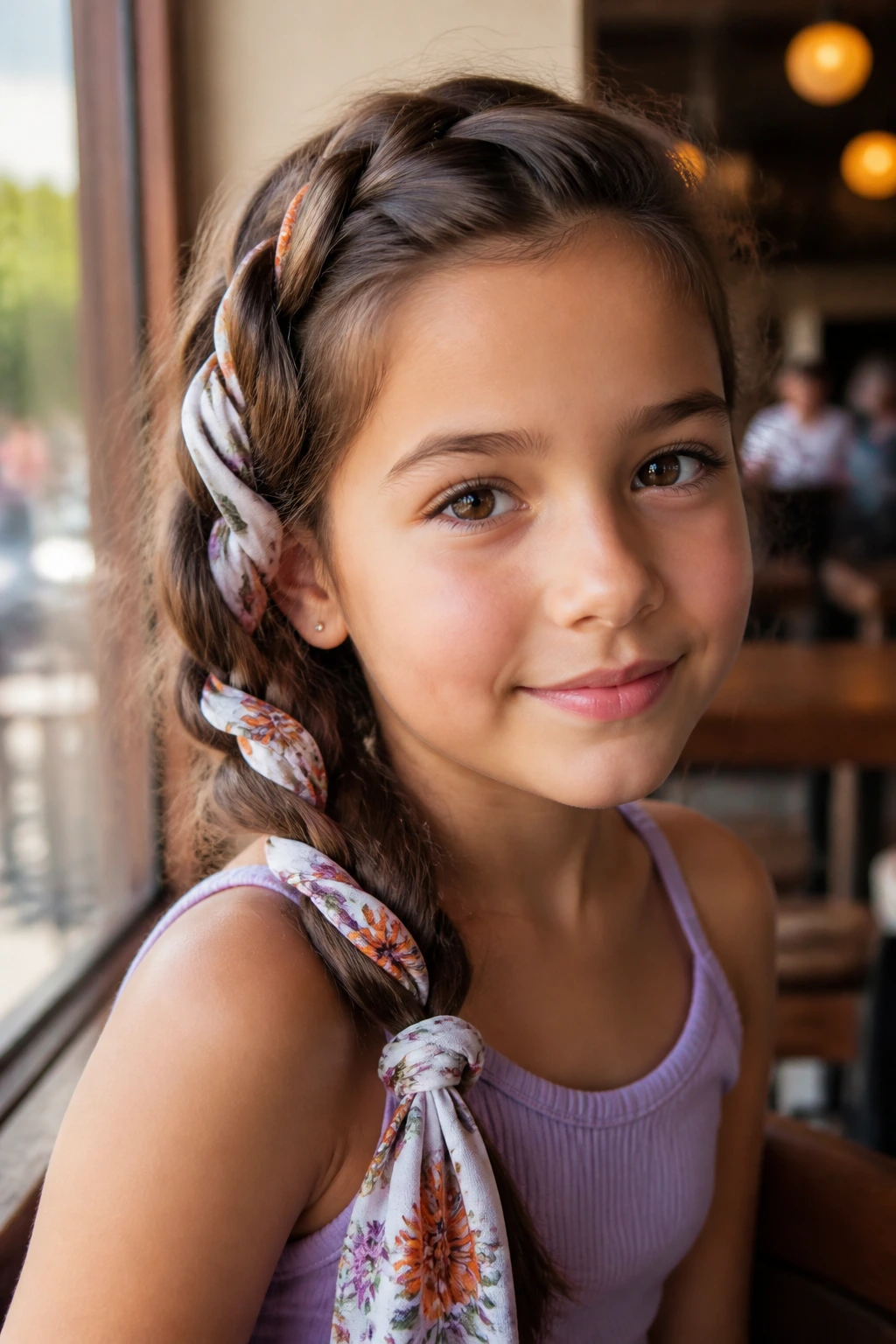 Close-up of a real girl with a side braid and scarf woven through