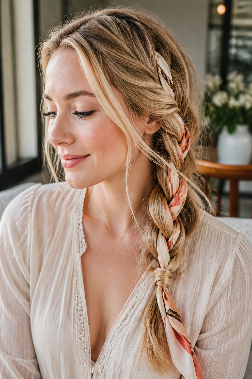 Real woman with a side braid woven with a skinny scarf