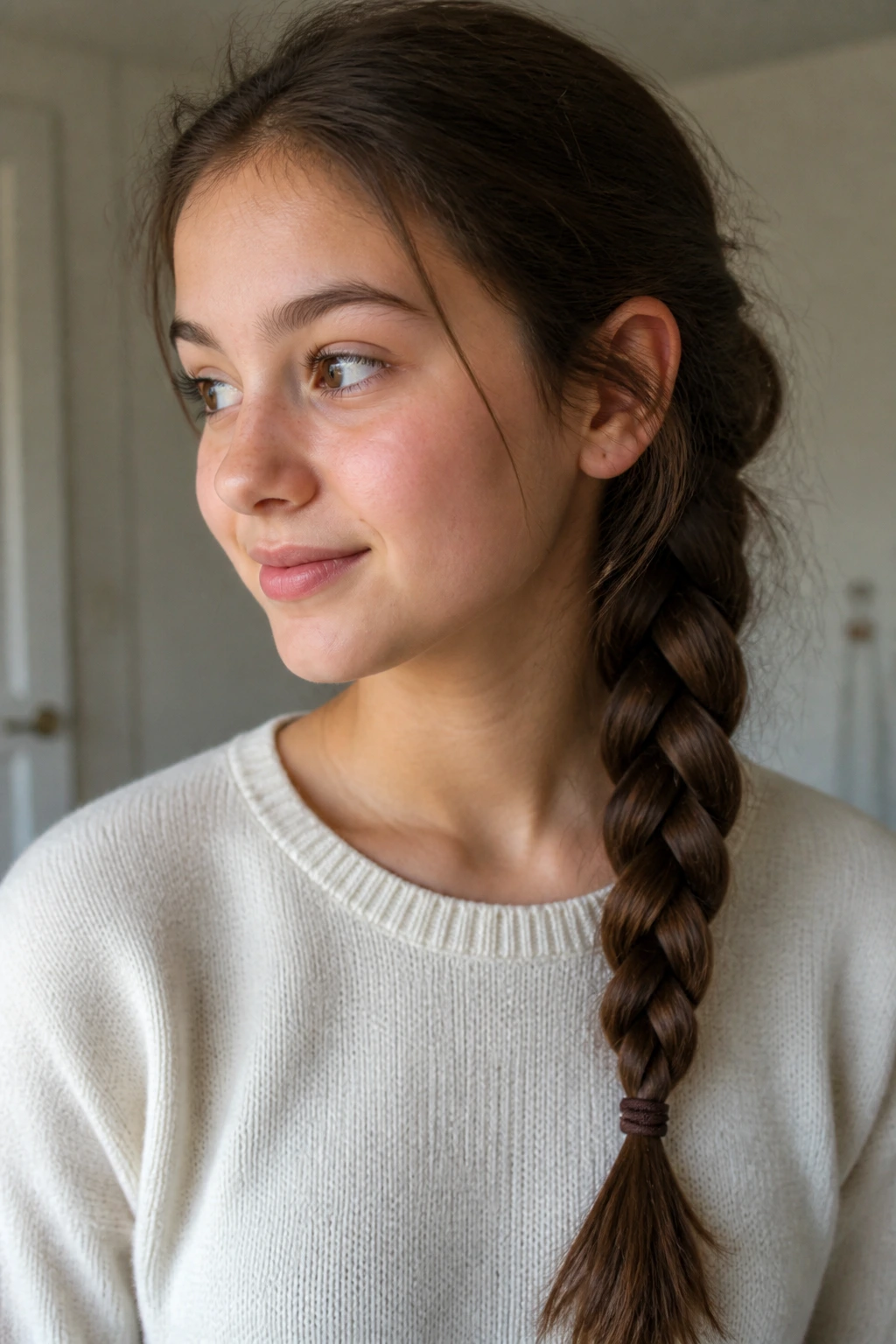 Real student with classic side braid in morning light