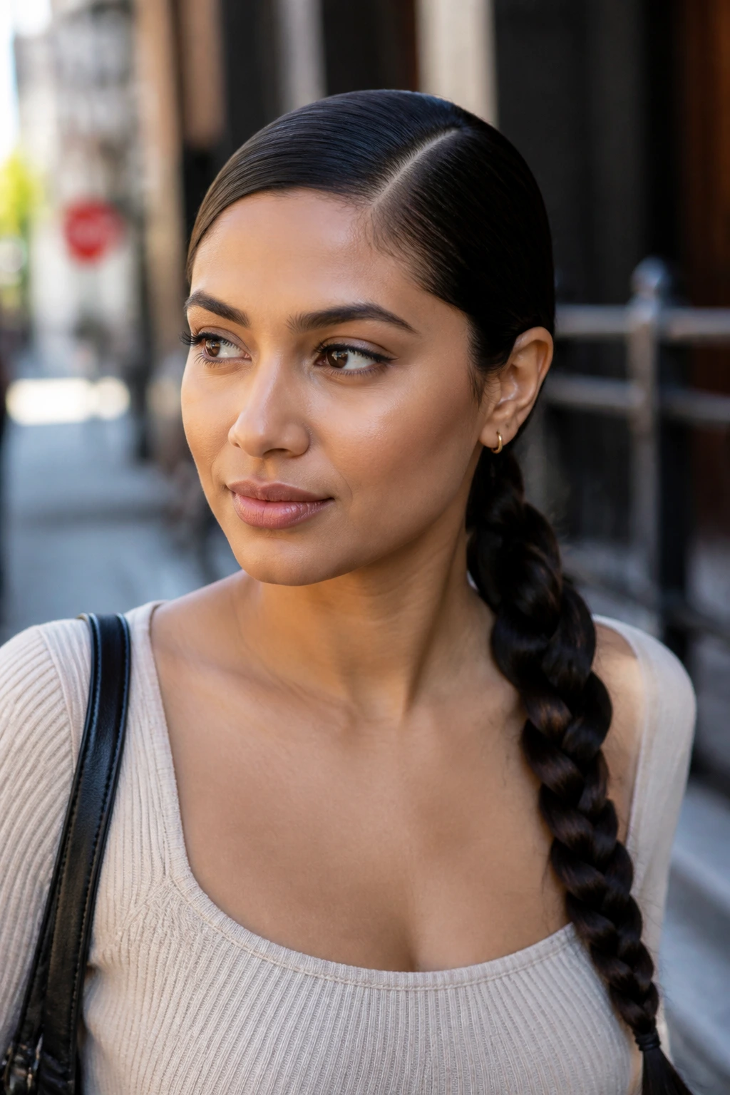 Close-up of a real woman with a deep side part and sleek roots, braid over shoulder
