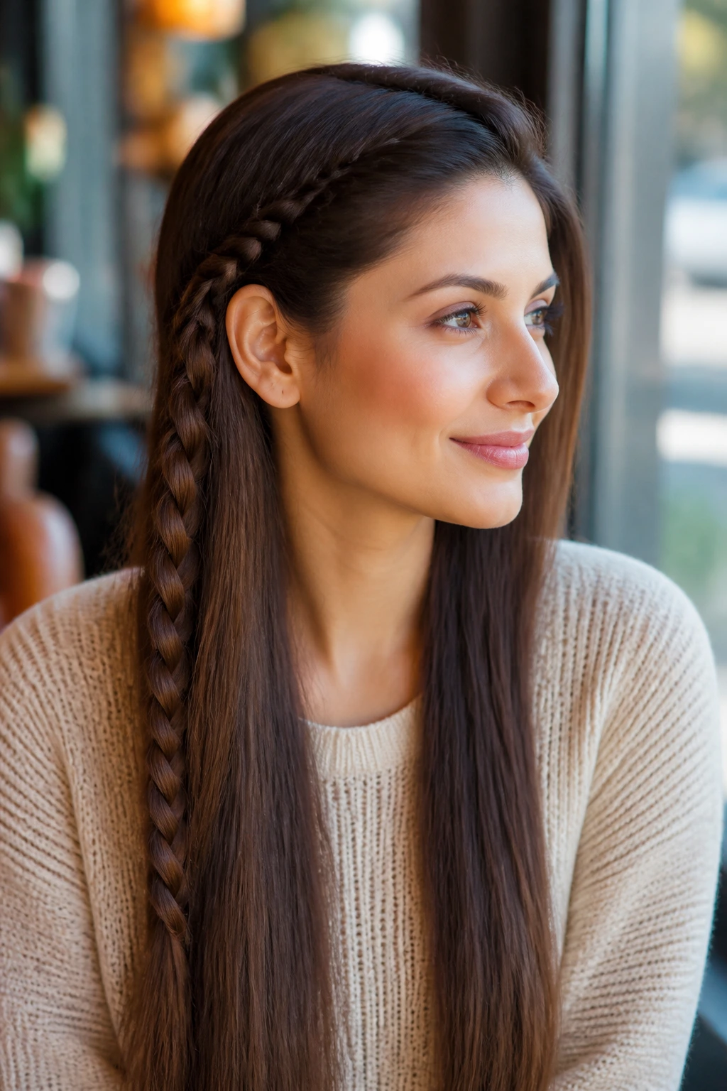 Close-up of a real woman with a side braid and straight loose hair