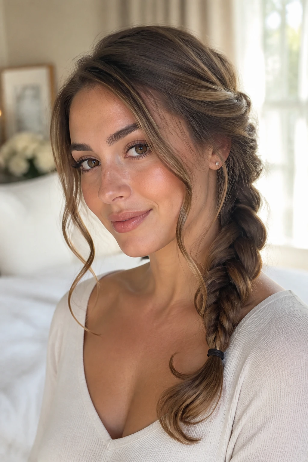 Close-up of side braid with face-framing tendrils on a real woman in natural light