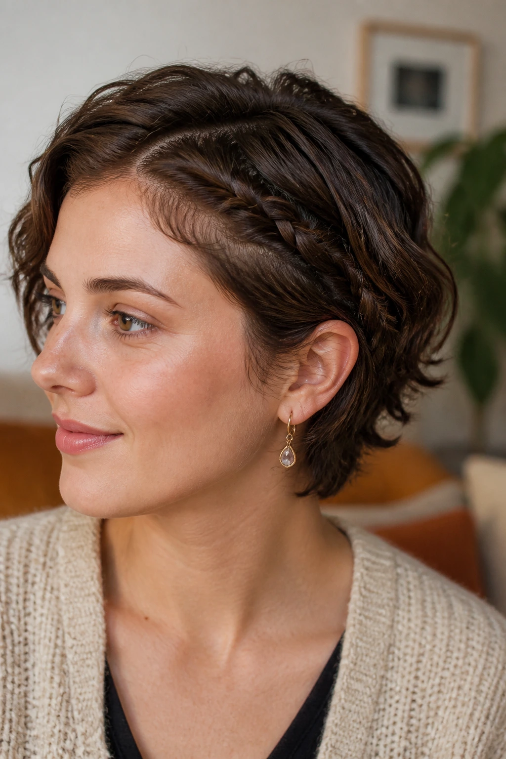 Close-up of a real person with a tiny side braid tucked behind the ear in short wavy hair