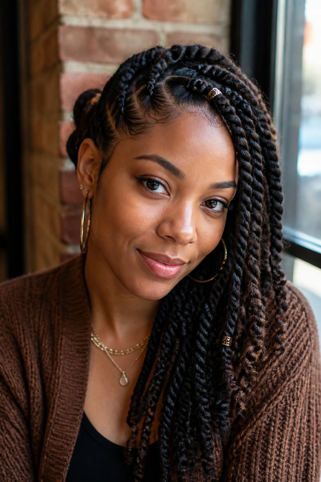 Close-up of a real person with a side braid and twists