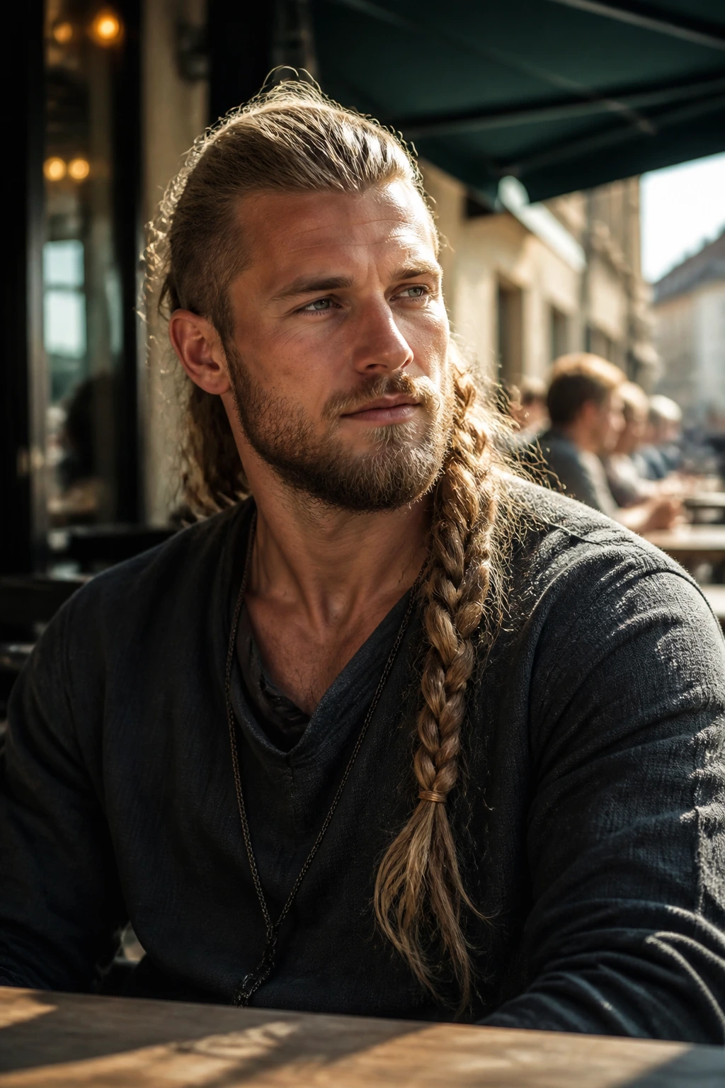 Man with a braid draped over one shoulder in outdoor cafe light