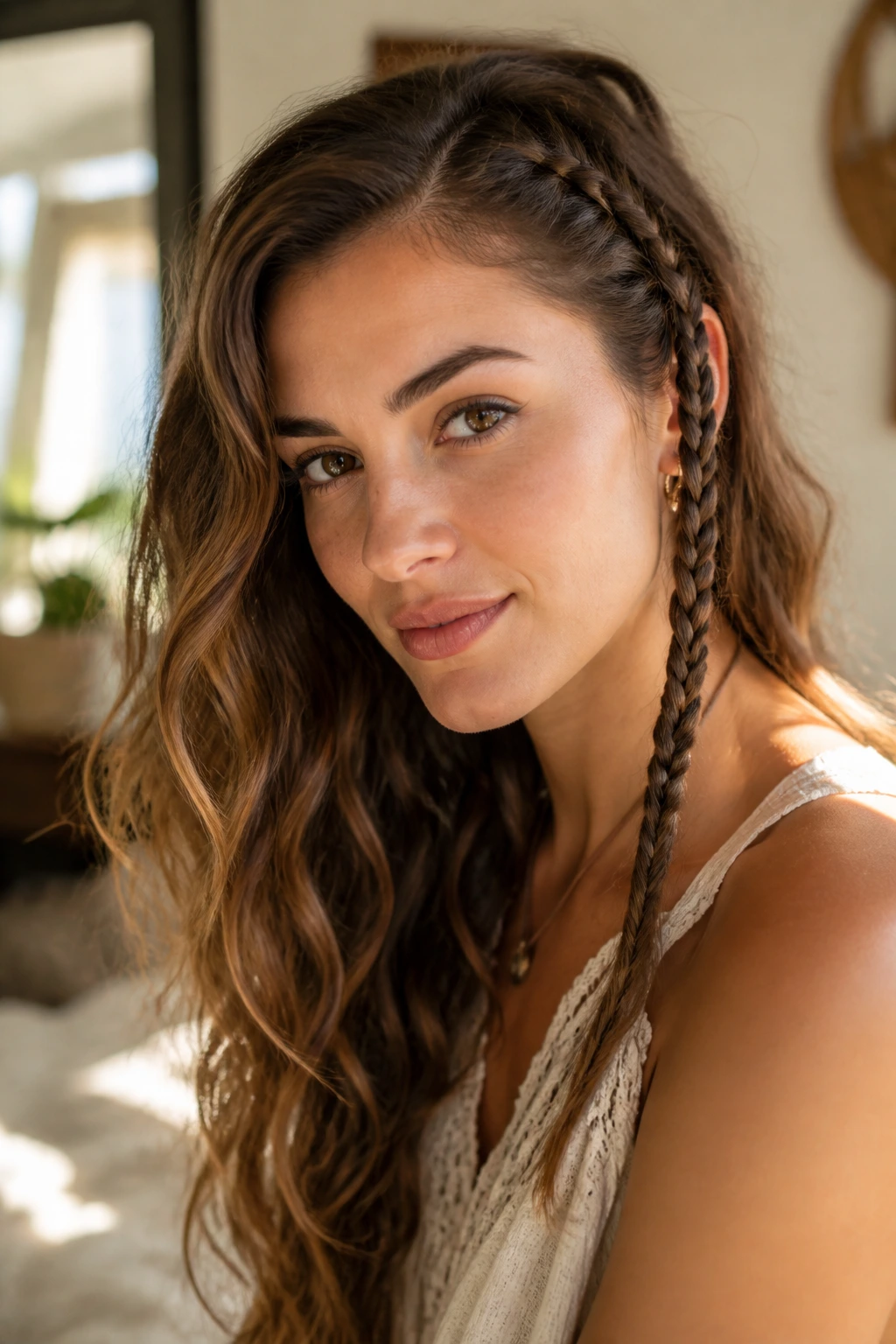 Close-up of a real person with a single side braid and loose waves