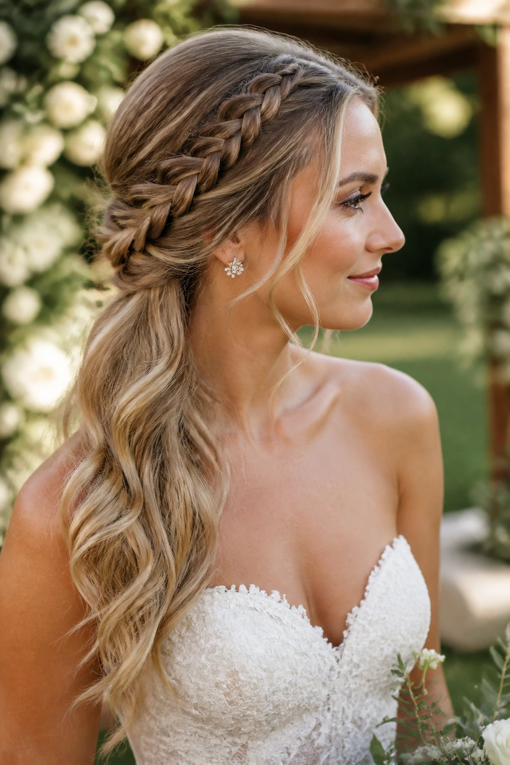 Close-up of a real bride with a side braid transitioning into waves outdoors