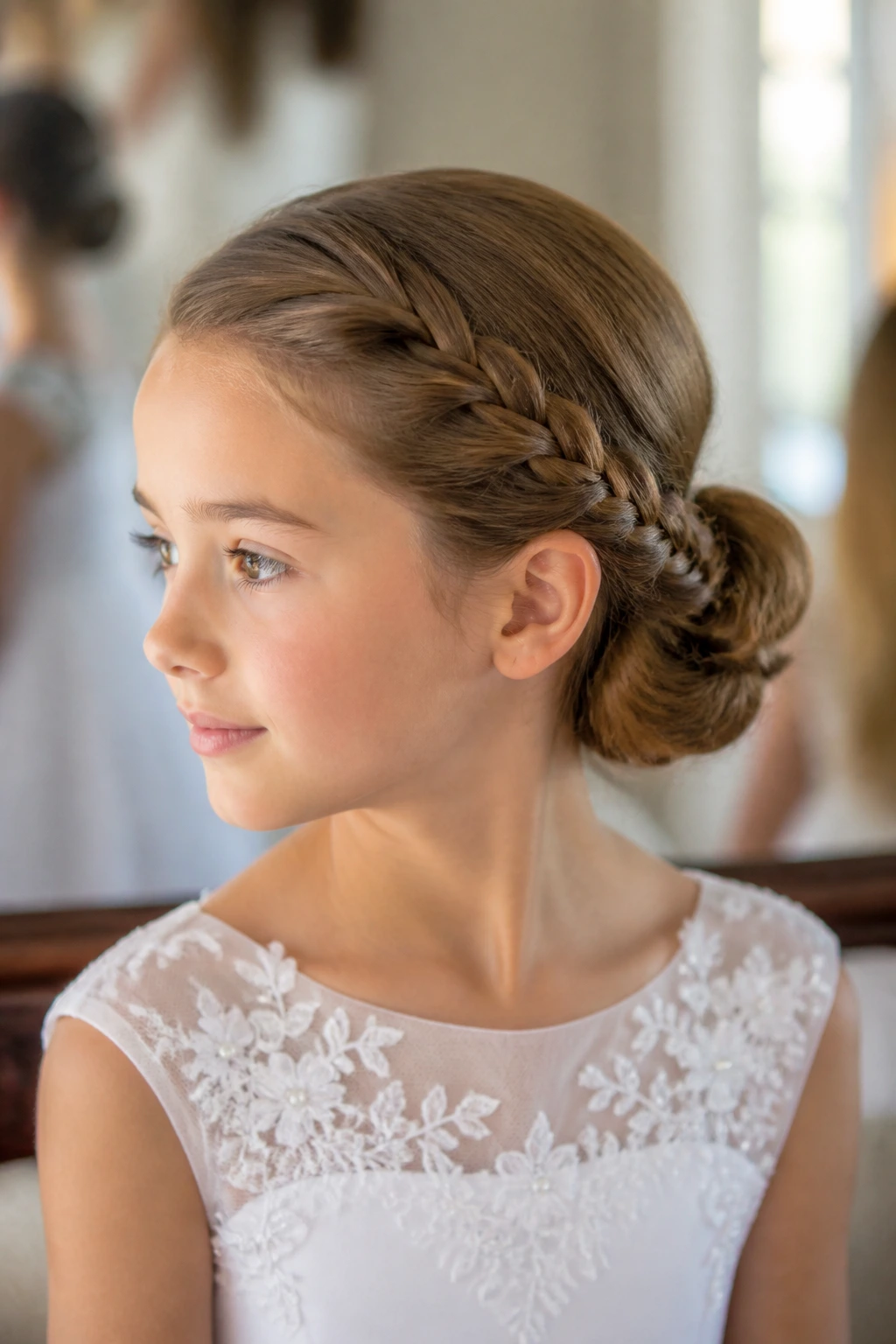 Close-up of a real child girl with a side-braided low bun