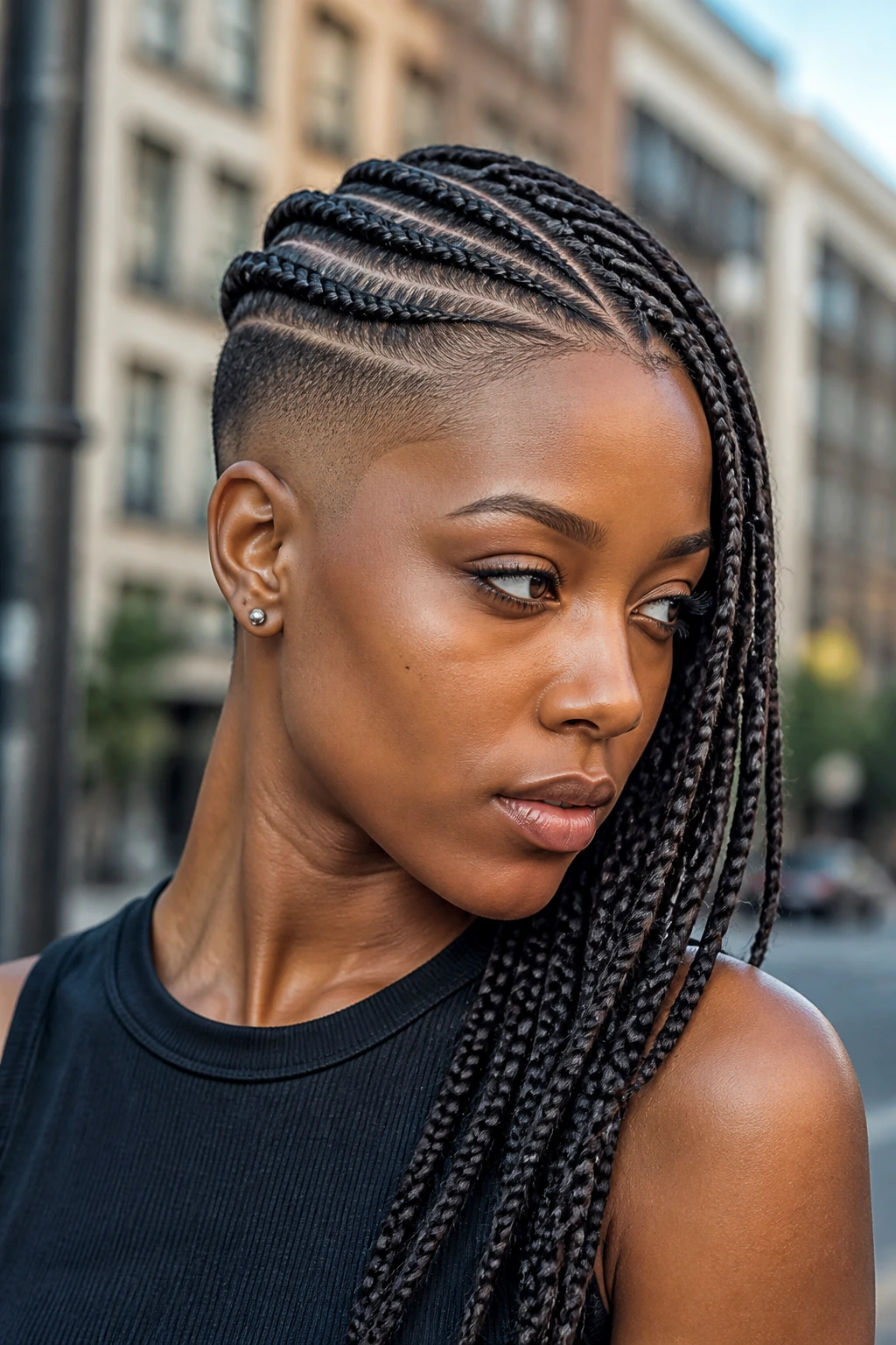 Close-up of side braids with a low drop fade on a real person outdoors.