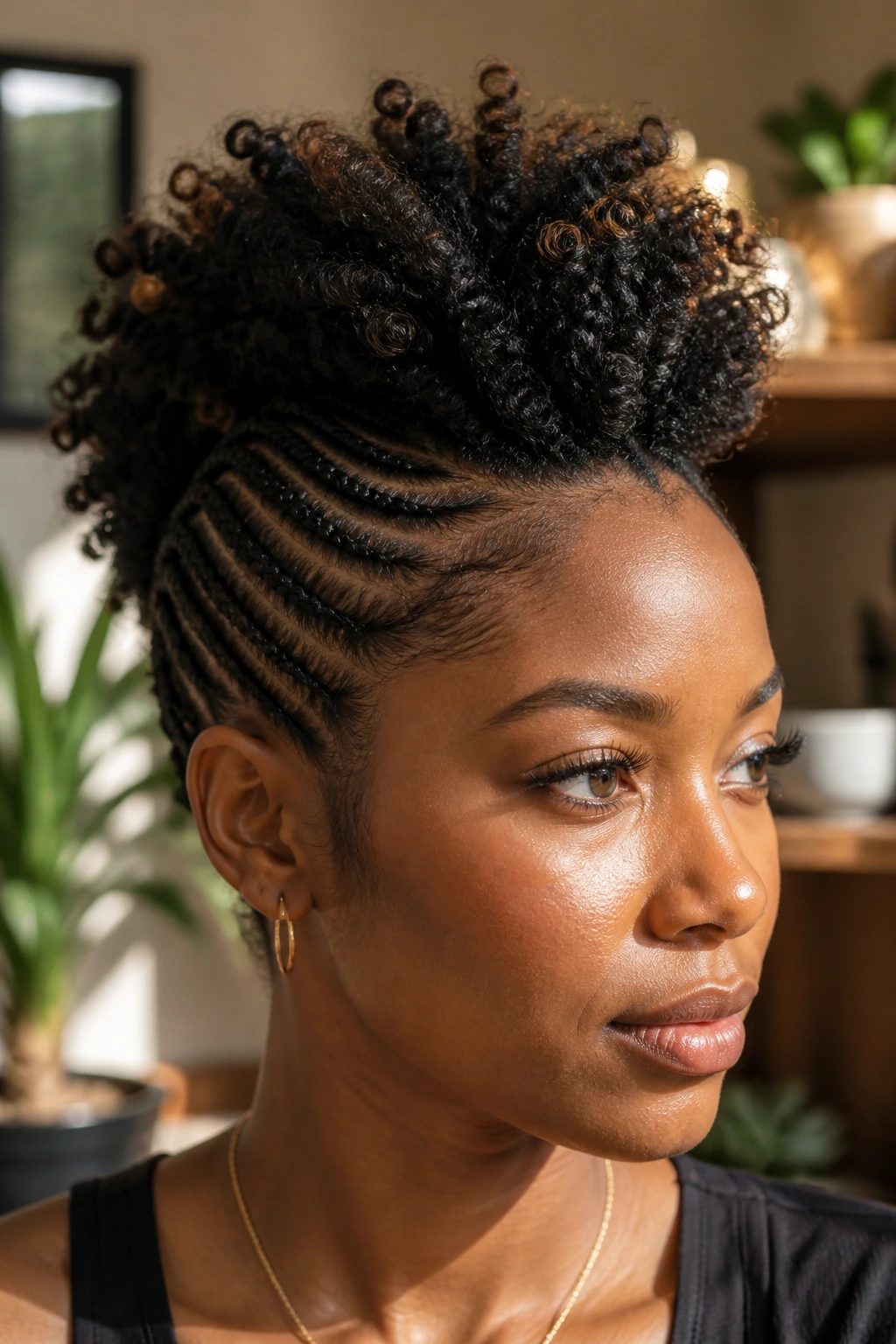 Real woman's side braids feeding into fluffy center hawk, portrait.