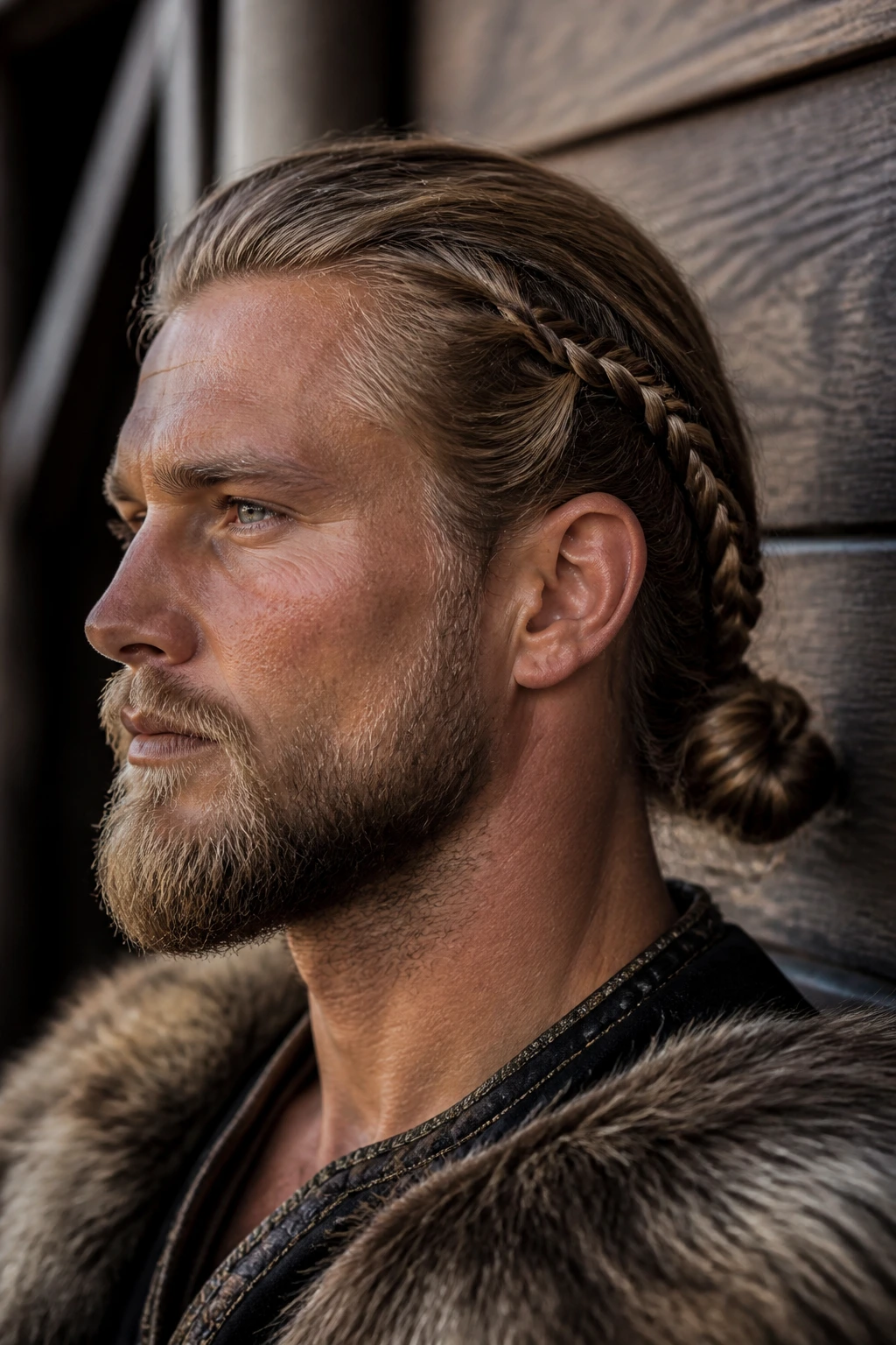 Close-up portrait of a man with side braids feeding into a low knot at the nape