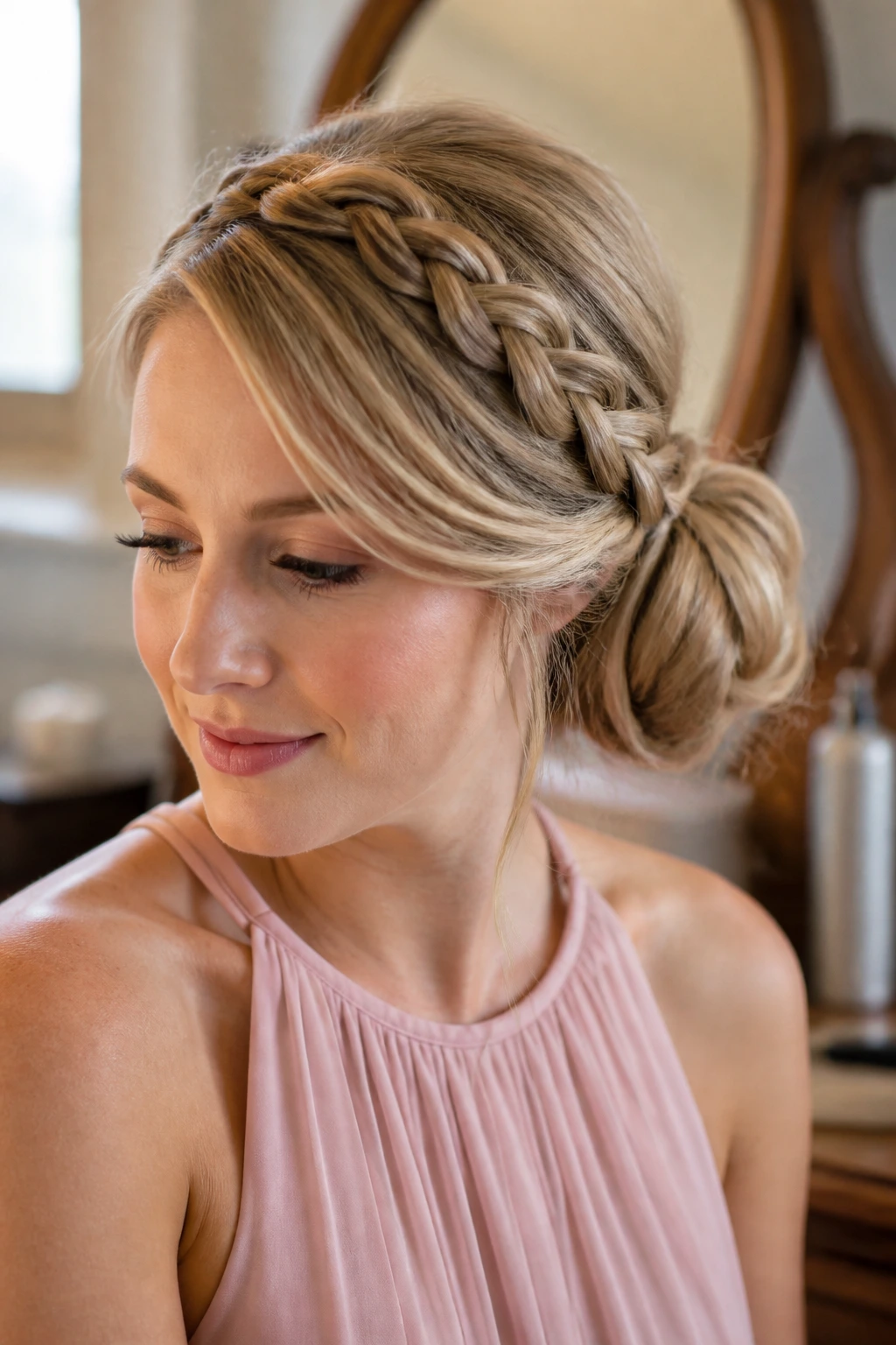 Close-up of a real woman with a low side bun and braided band framing her face