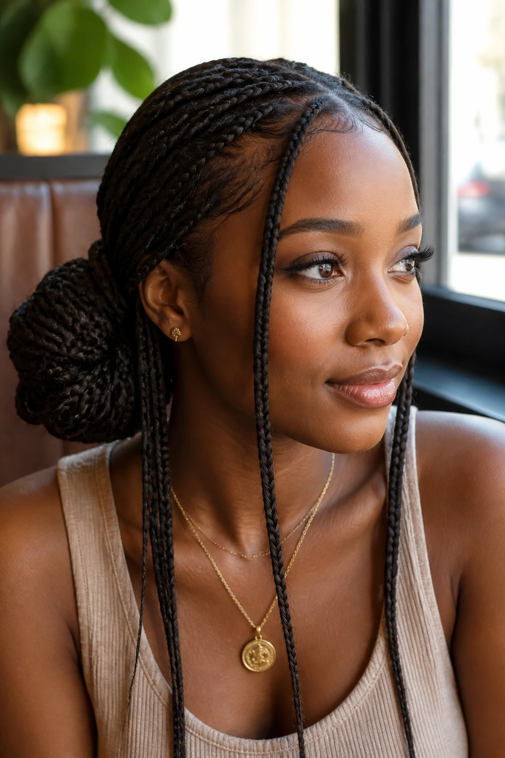 Close-up of side bun with face-framing braids on real person