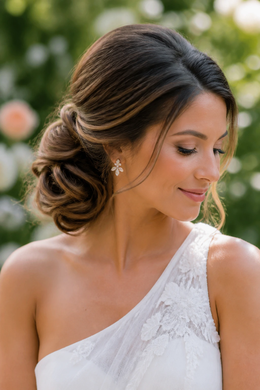 Close-up of a real bride with a voluminous side bun and soft lift