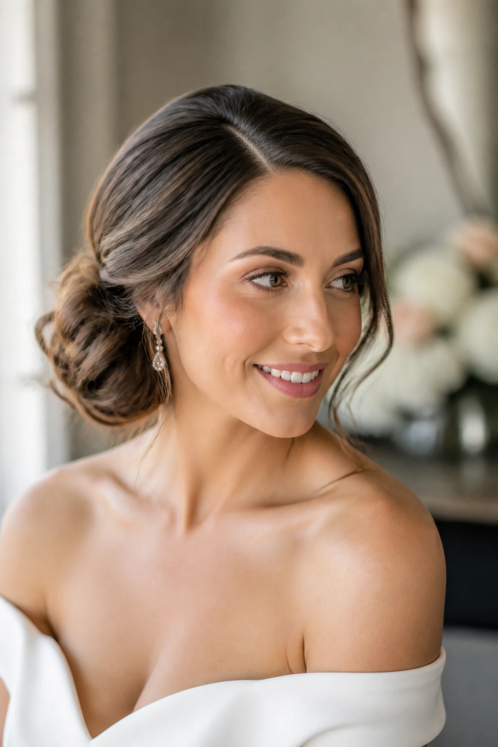Bride with soft side bun and deep part, three-quarter view