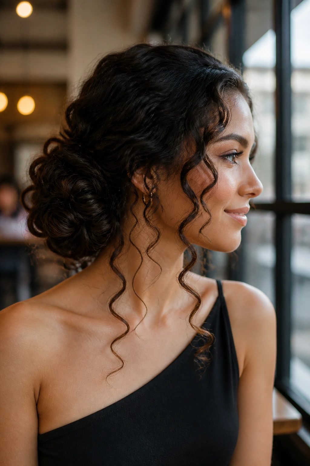 Side profile of a real woman with a side bun and long S-curled tendrils