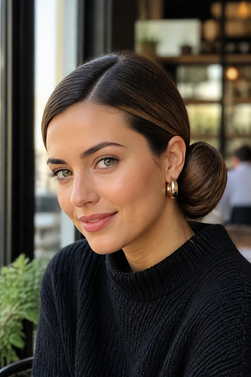 Close-up of a woman with a deep side part and a low side bun