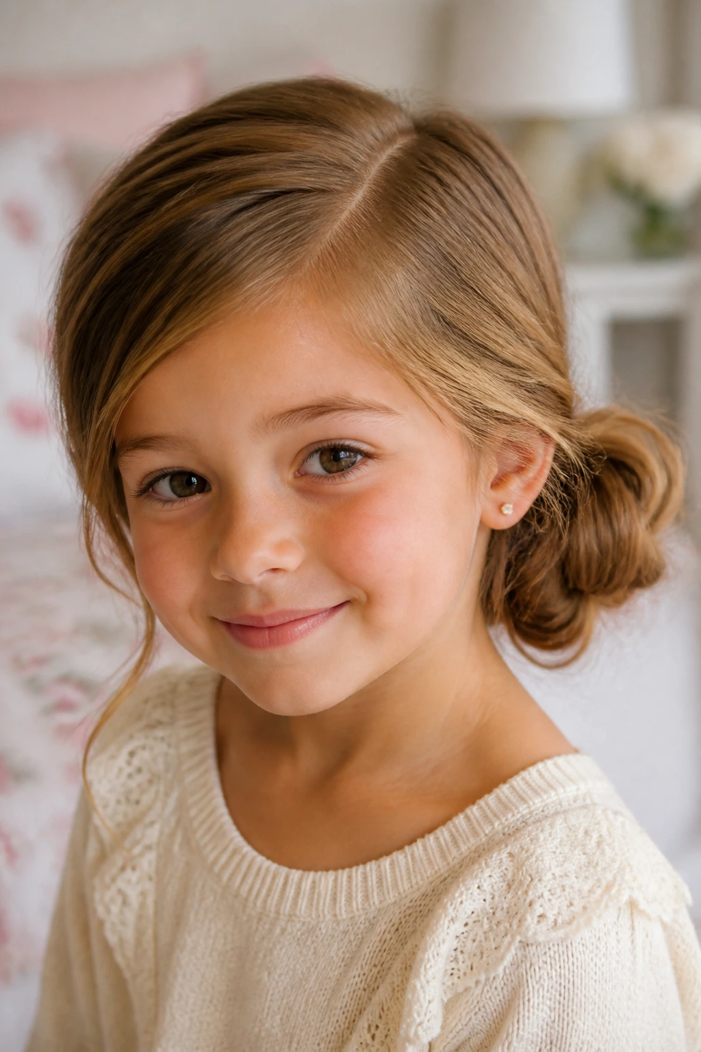 Close-up of a child with a deep-part side bun behind the ear