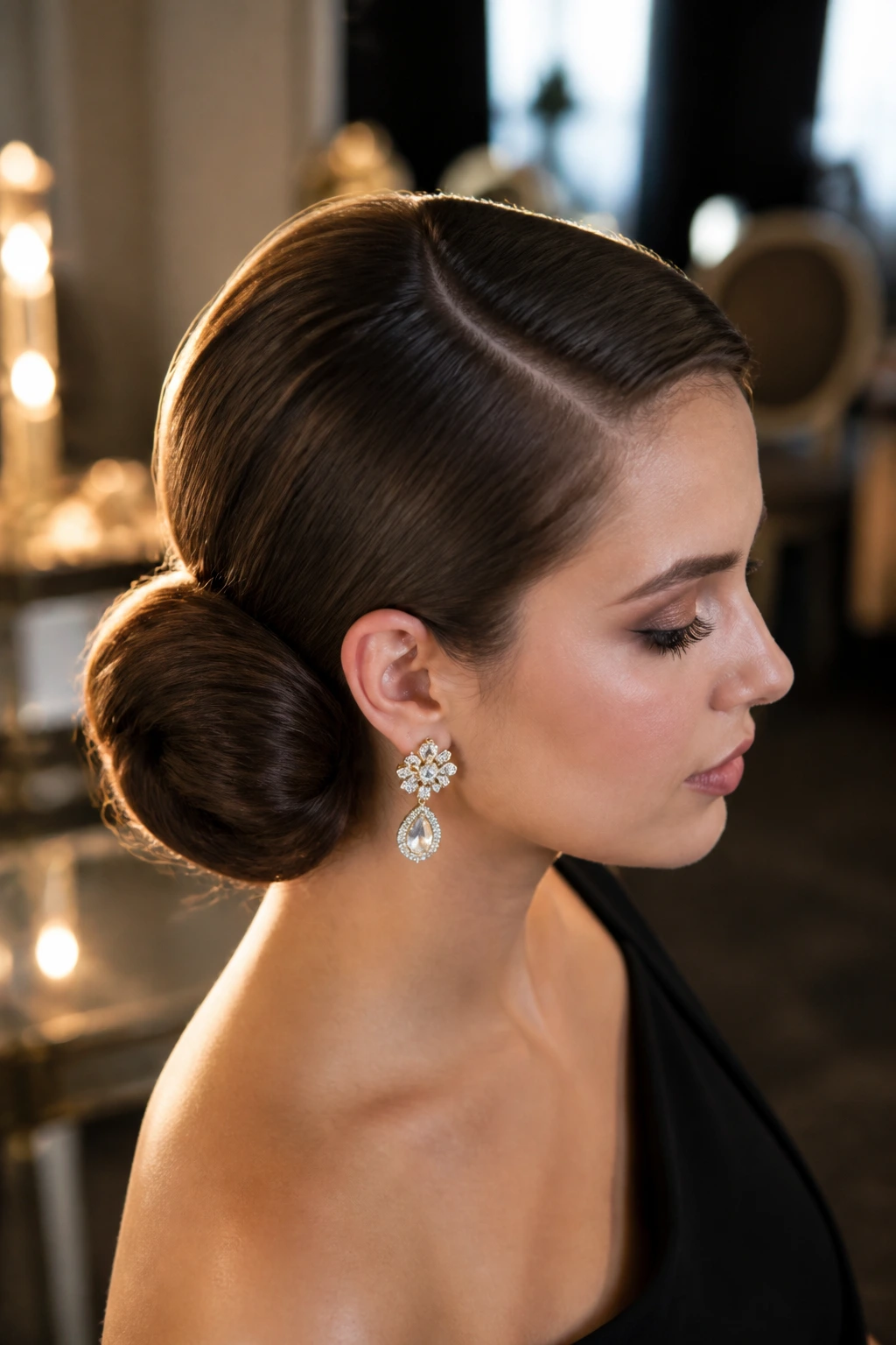 Profile view of a woman with a deep-part side bun, in a dressing area