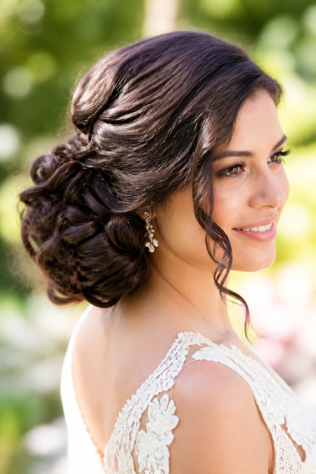 Bride with a voluminous side bun and deep side part outdoors.