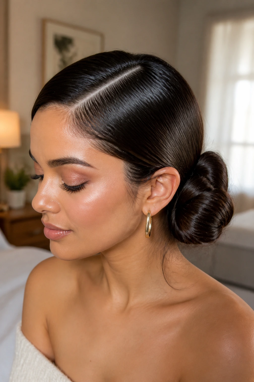Close-up portrait of a woman with side bun and deep part, glossy wet look hair