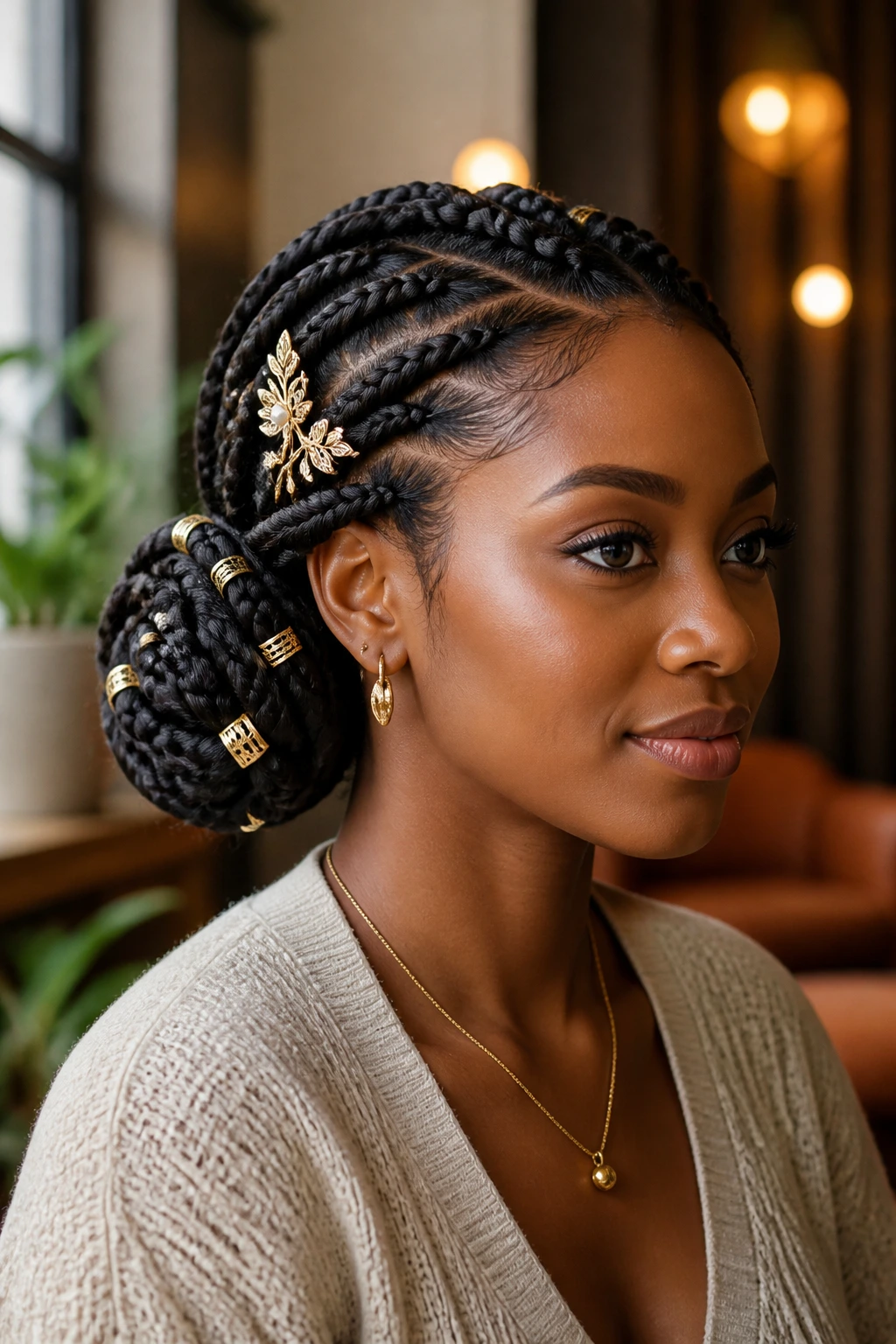 Close-up of a real woman with a low side bun goddess braid and gold cuffs