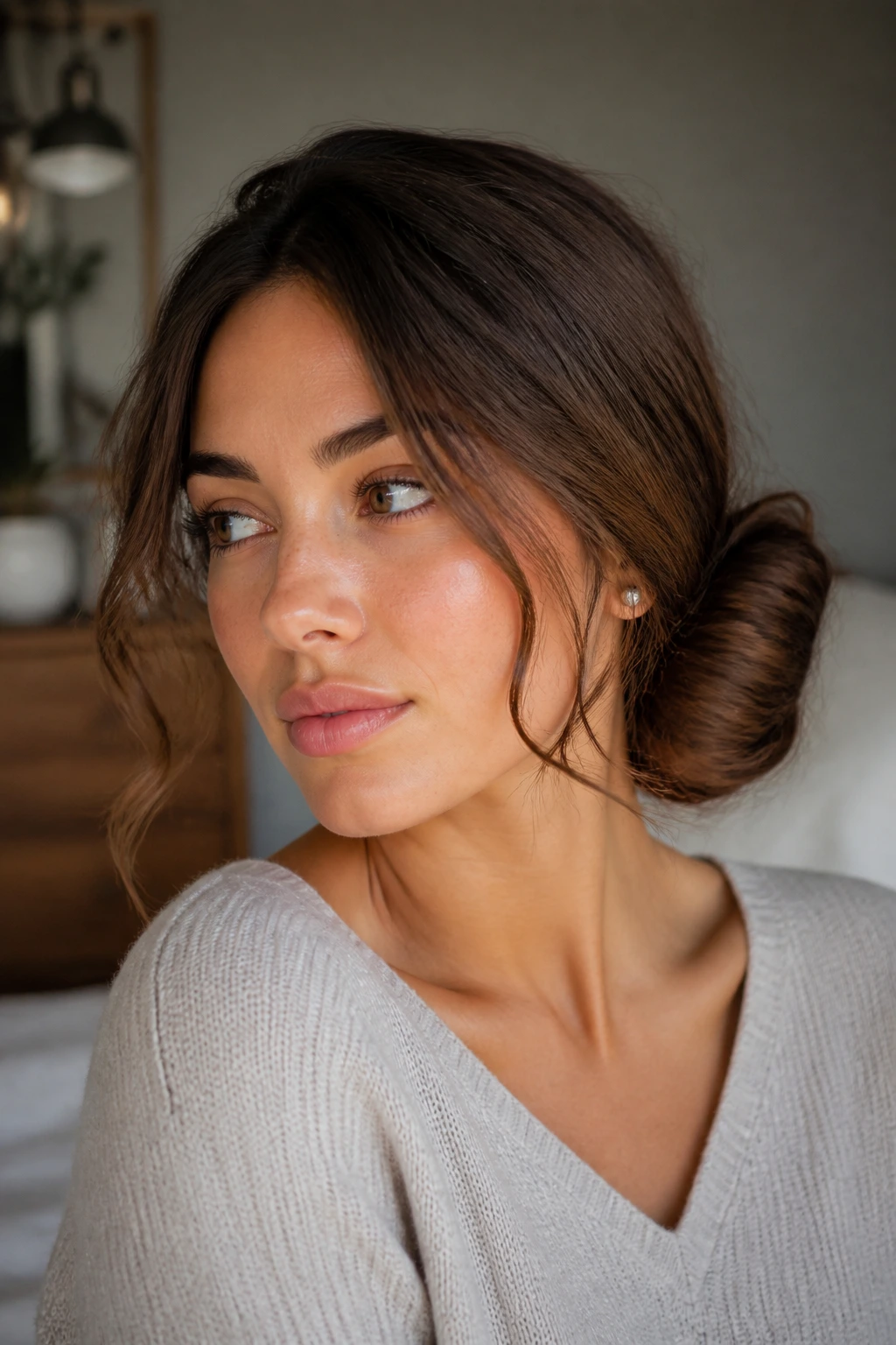 Close-up of a real woman with a side bun behind one ear
