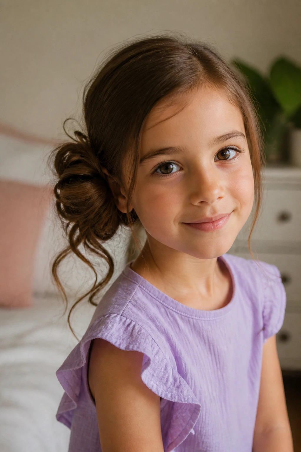 Girl with a side bun and soft ends behind the ear