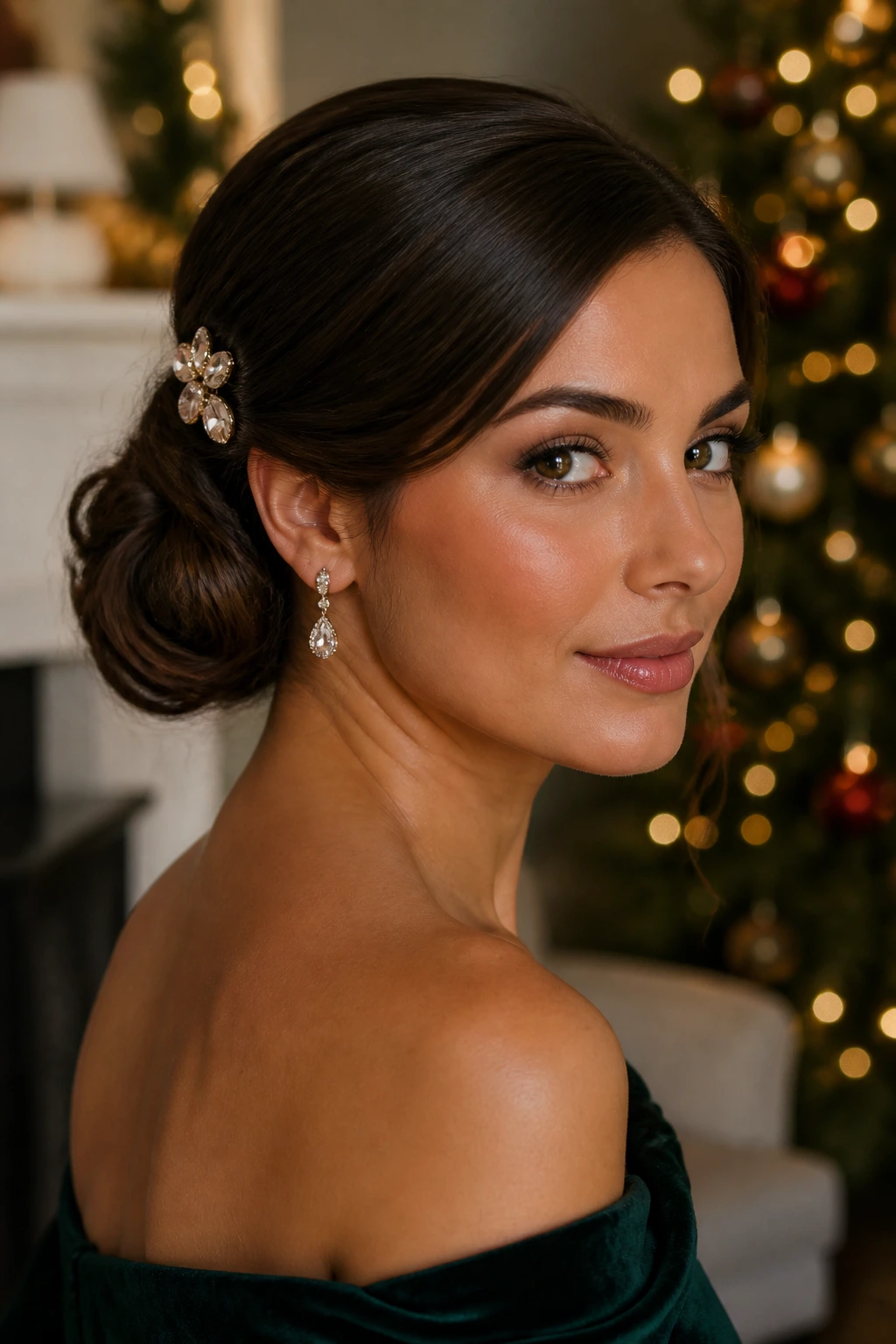 Close-up portrait of a real woman wearing a side bun with a sparkly clip in a festive living room