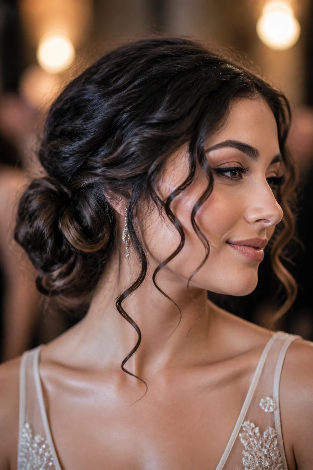Close-up of a real woman with a low side bun and spiral face pieces.