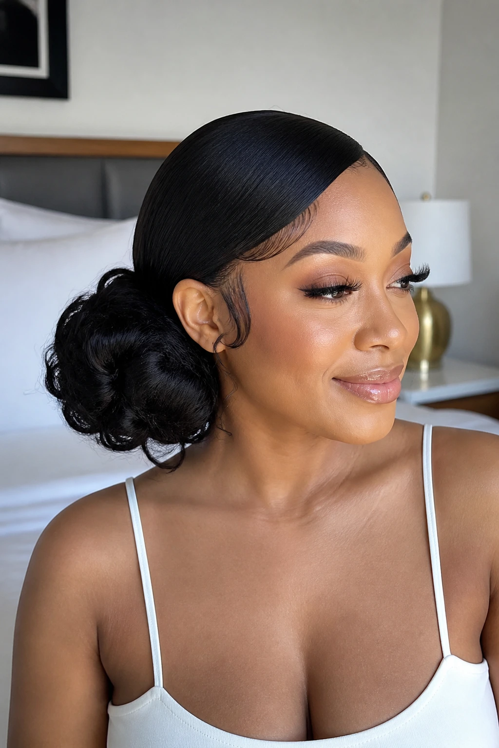 Real woman with a side bun and clean gel swoop in a softly lit room