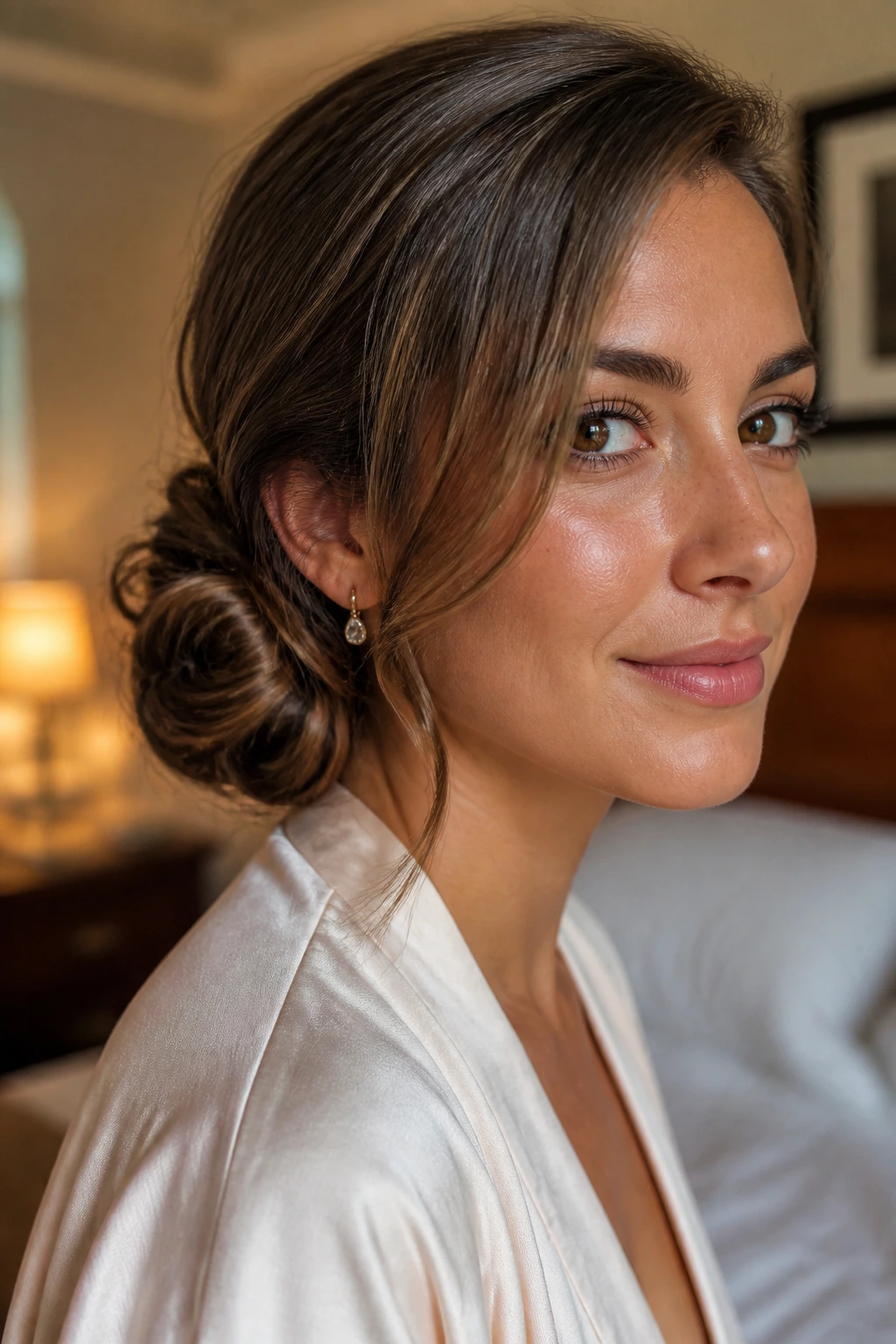 Close-up of a real woman with an elegant side bun tucked under the ear
