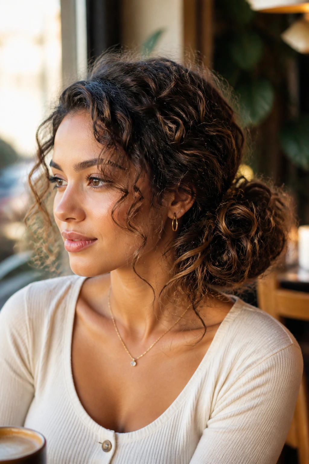 Three-quarter portrait of a woman with a voluminous side bun and tendrils.