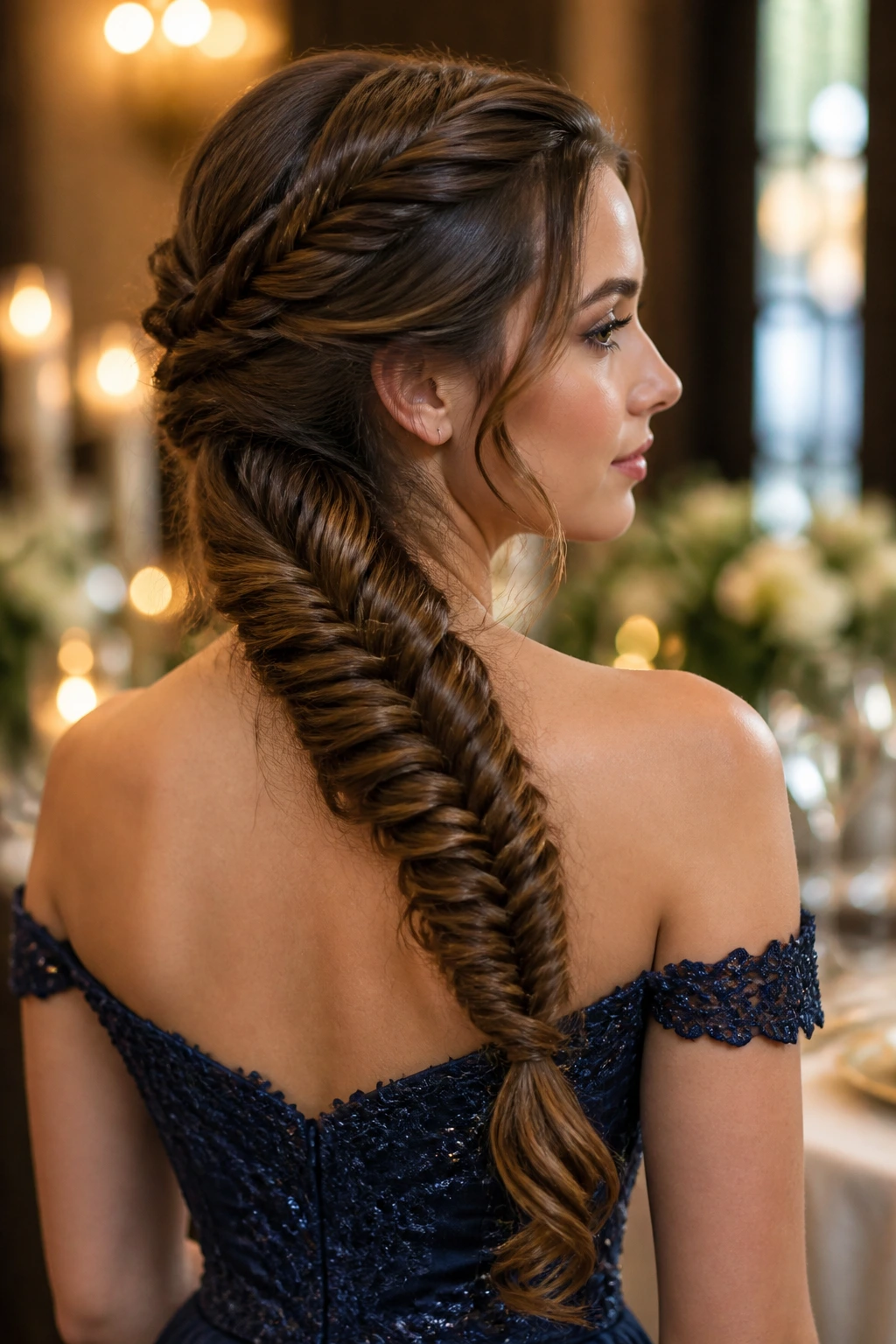 Profile view of a woman with a formal side cascade fishtail braid across the back to the shoulder.