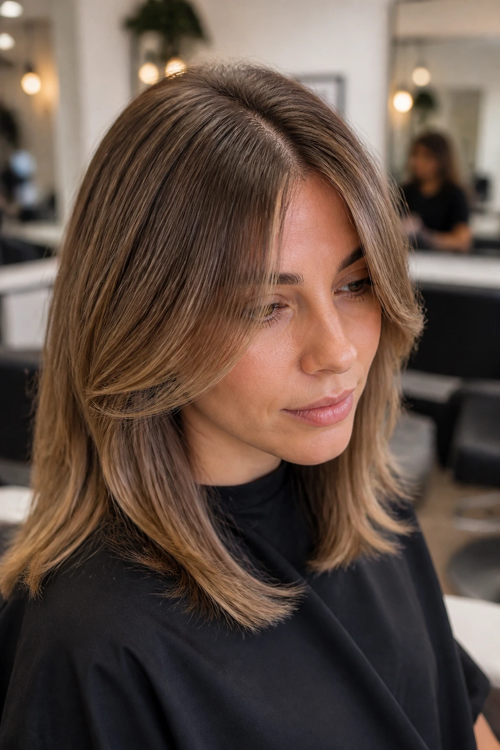 Close-up portrait of a woman with a deep side-to-center transition in her bangs