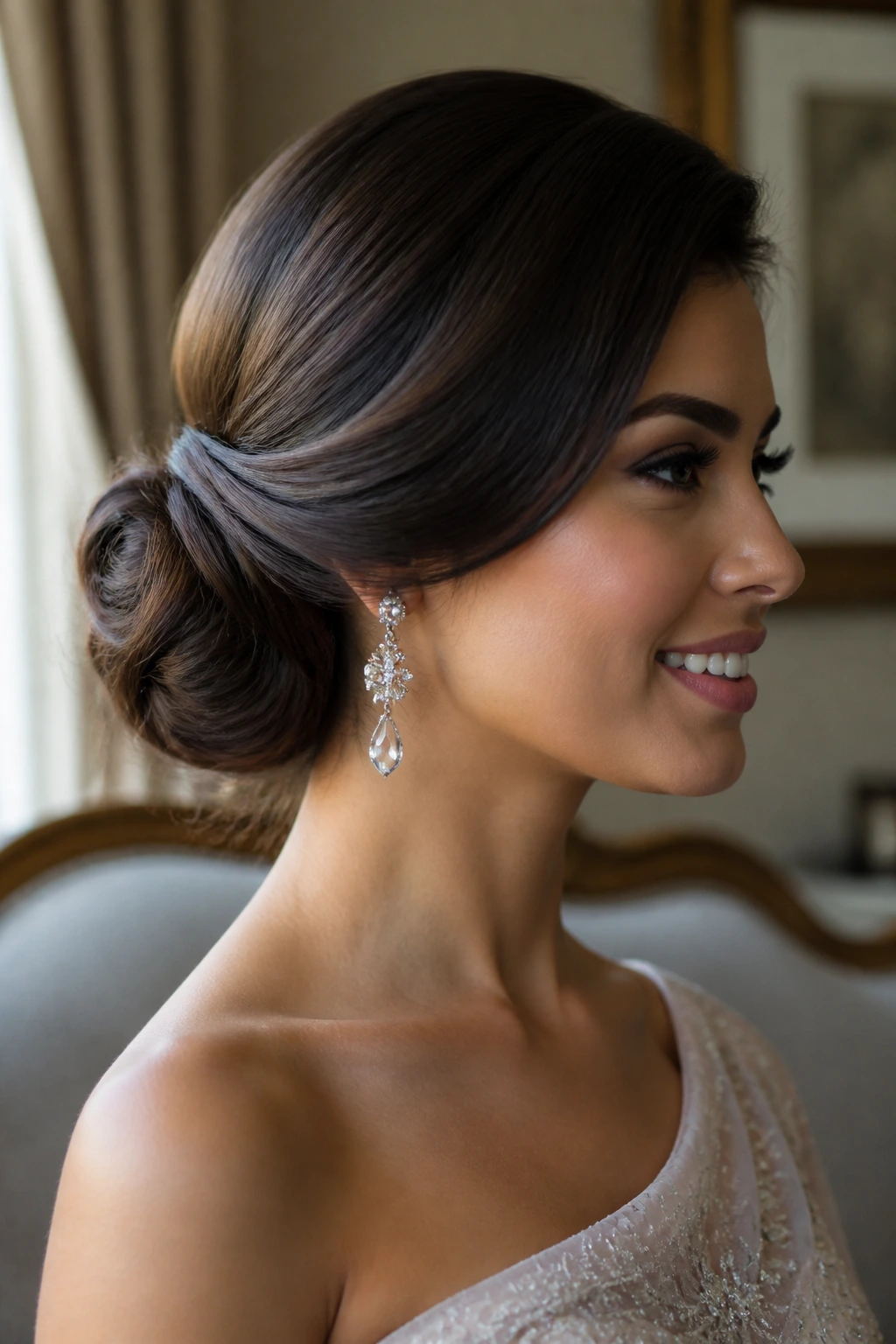Close-up of a real woman with a sleek side chignon tucked behind the ear