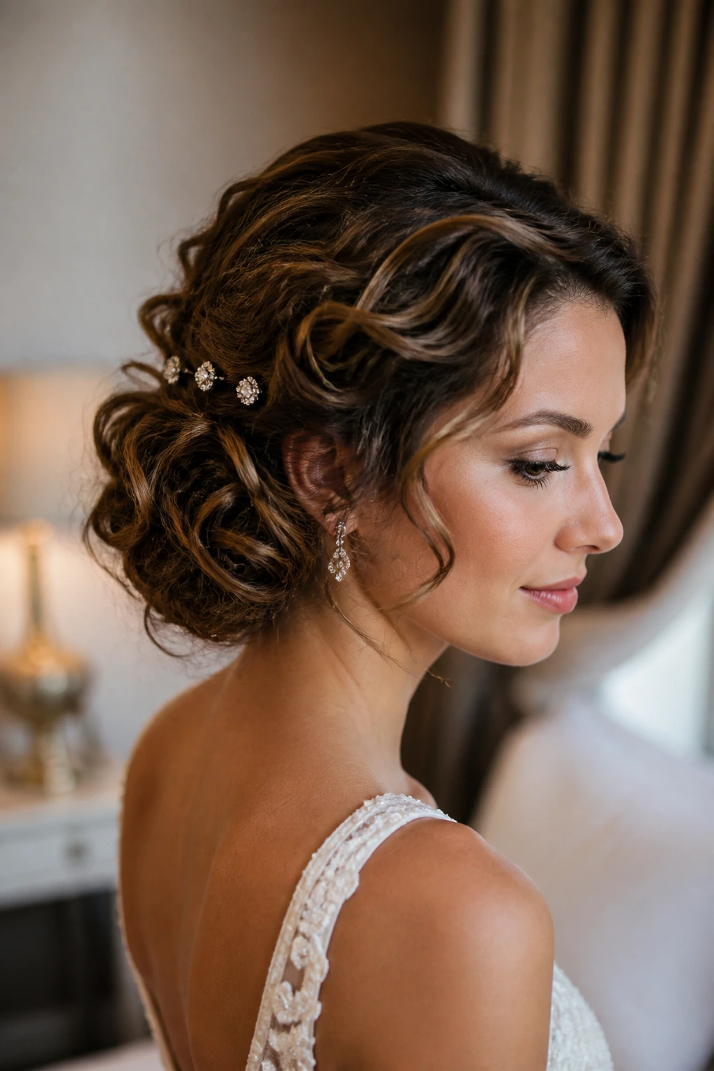 Three-quarter profile of bride with elegant side chignon and pins