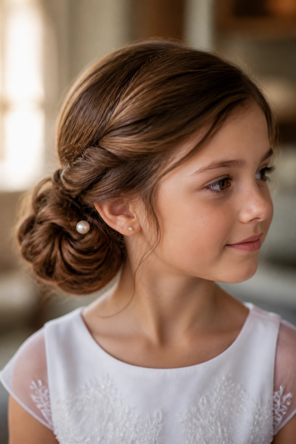 Close-up of a child with a side chignon and loose twist