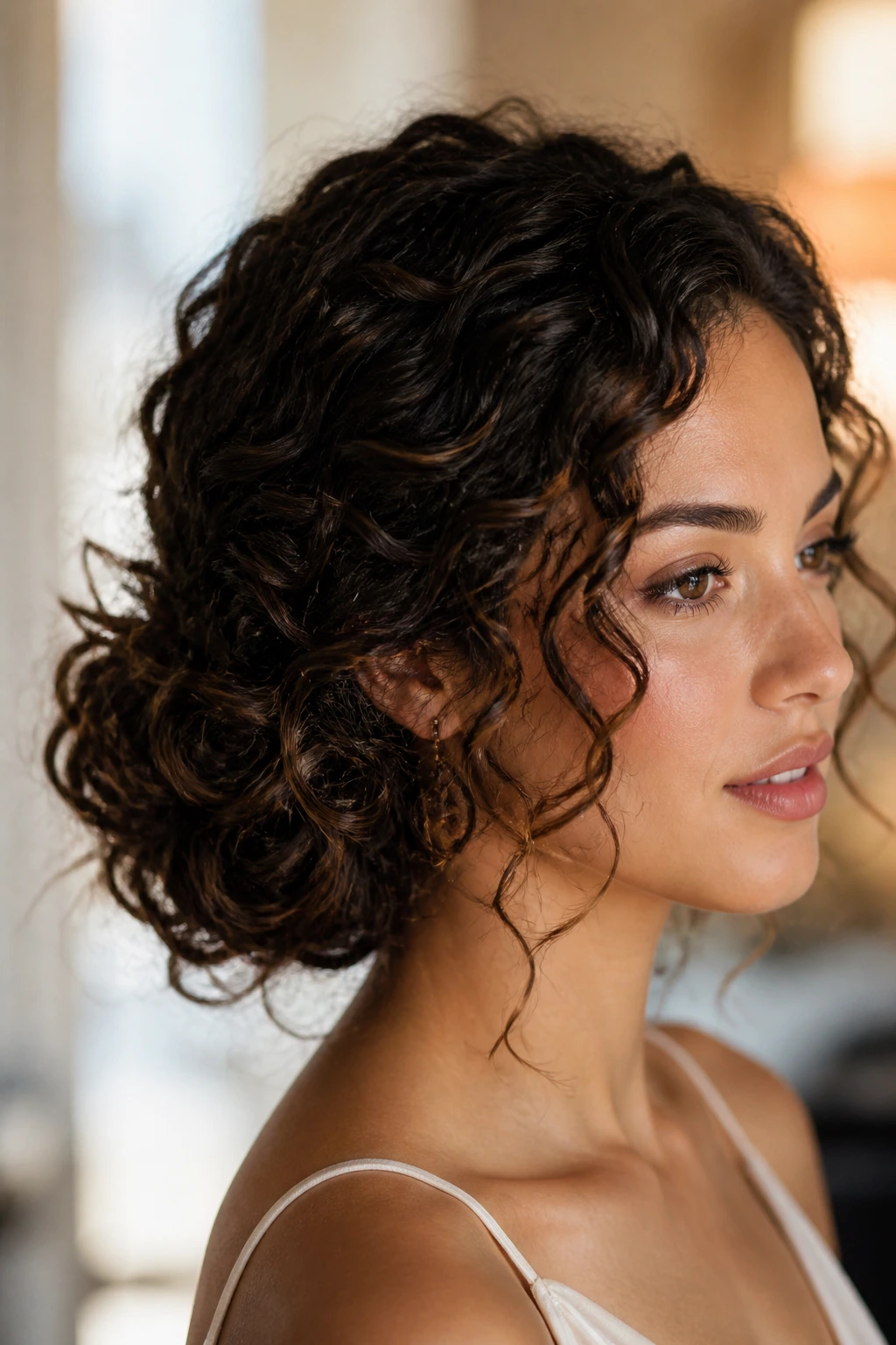 Real woman with a textured side chignon and loose curls around face