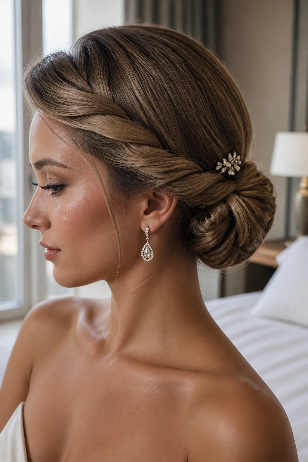 Close-up of a real woman with a side chignon twisted-front prom hairstyle