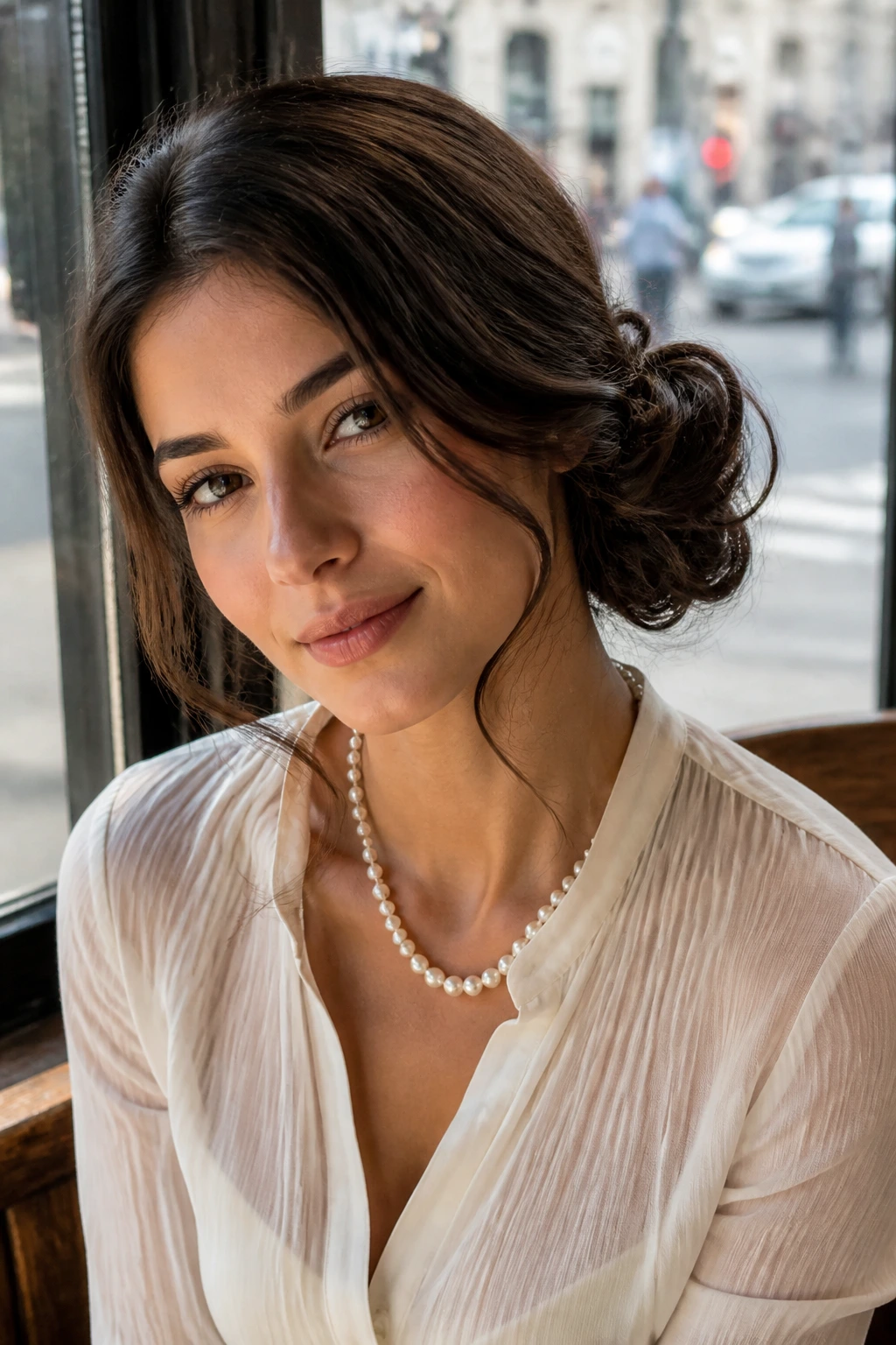 Real woman with a soft side chignon and loose front pieces.