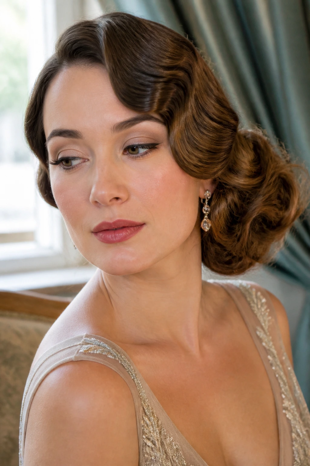 Close-up of side-chignon with deep waves on a real woman