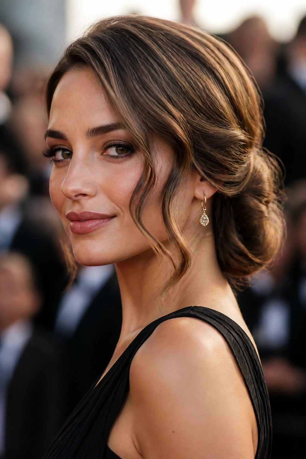 Real woman with side chignon and face-framing waves at temples