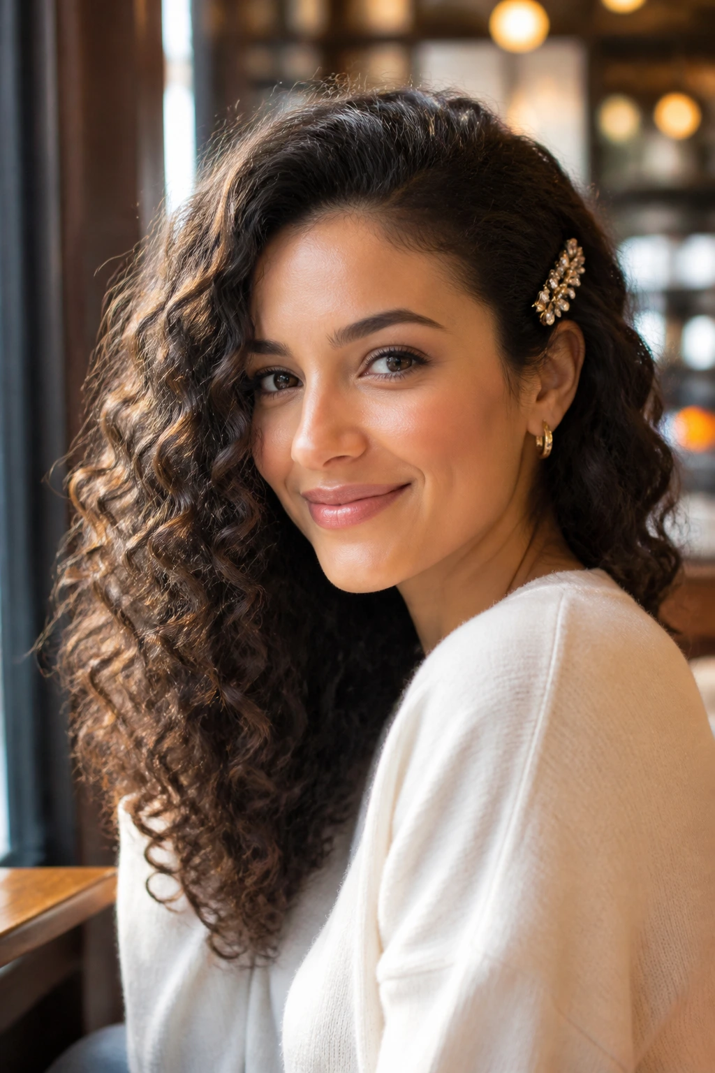 Close-up of a woman wearing a side-clip in glam curls
