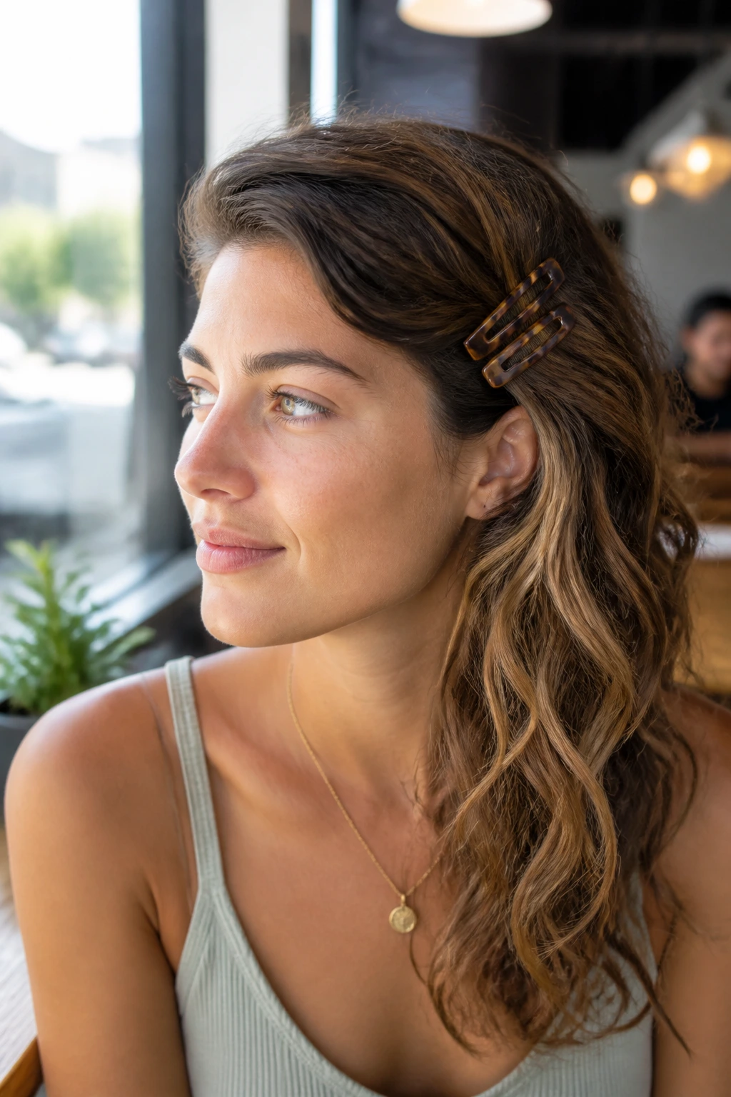 Portrait of a woman with side-swept hair held by two clips