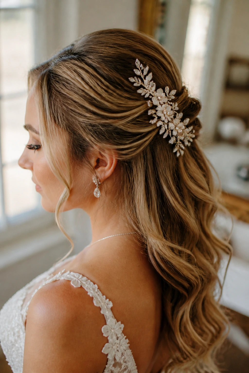 Close-up of a real bride with a single-side cluster of jeweled hair pins in a half-up hairstyle.