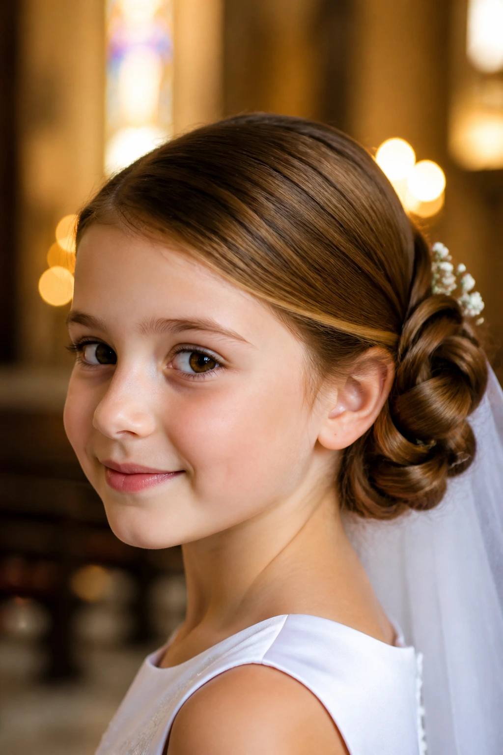 Close-up of a real child with a side-coiled bun behind the ear in warm church lighting