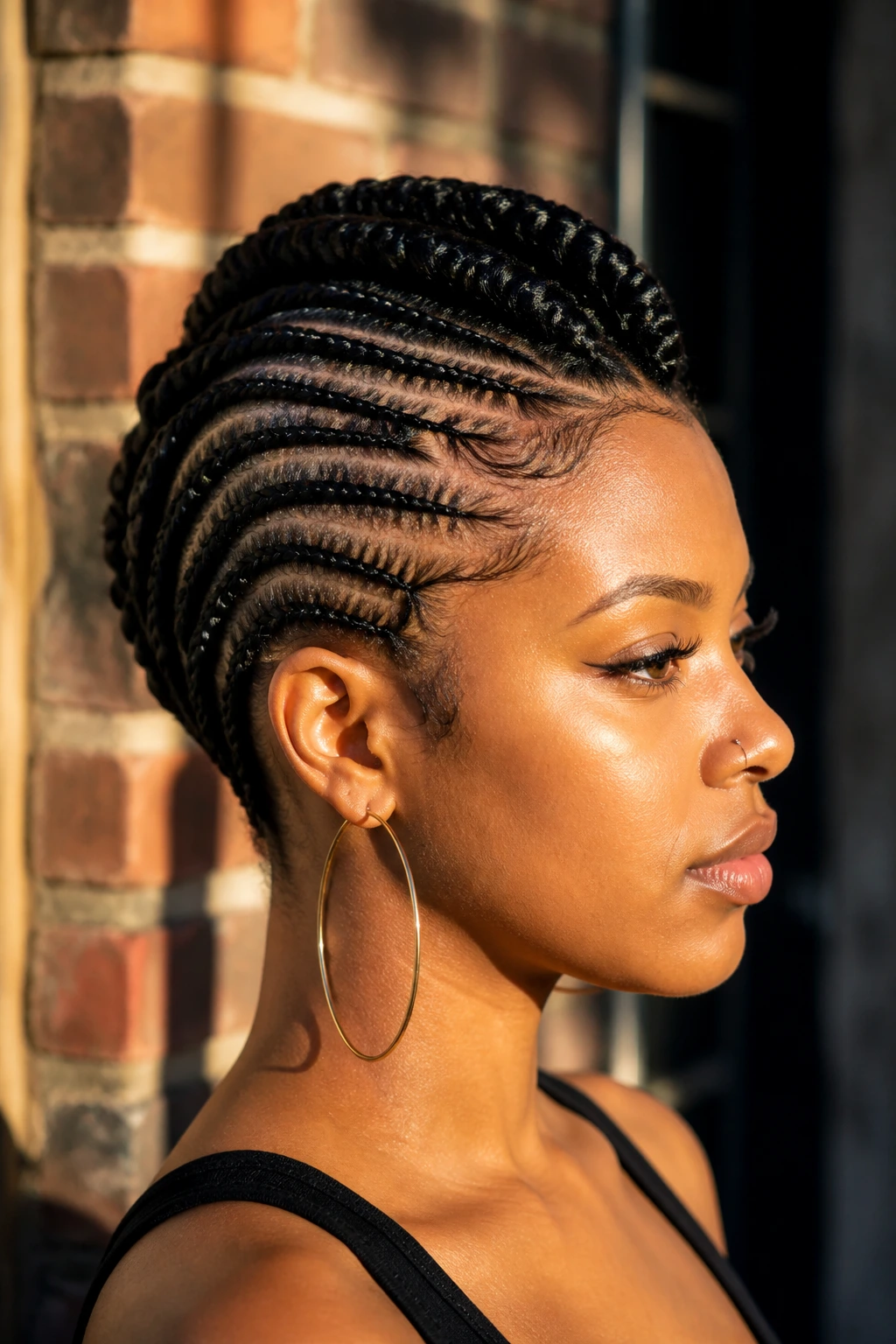 Real person with a side cornrow faux hawk in profile